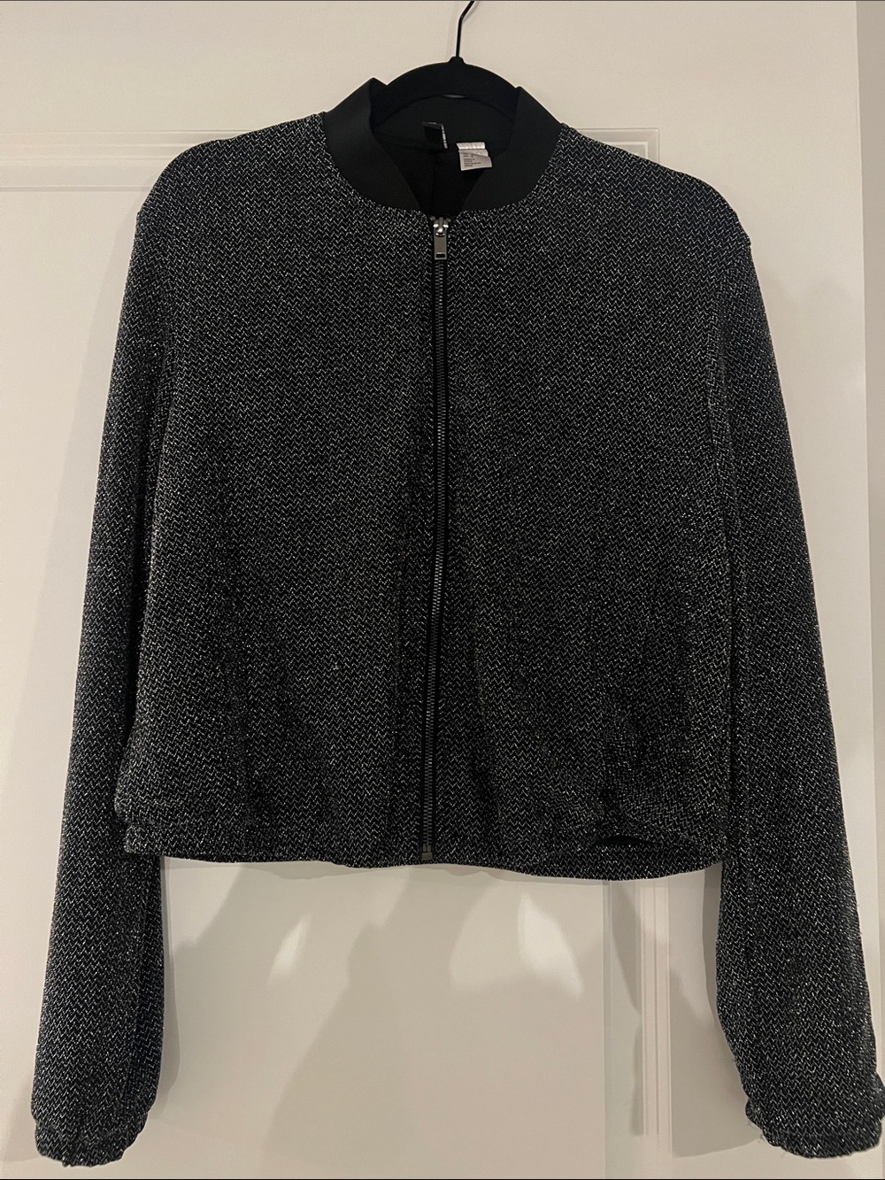 H&M Black Sparkly Textured Zip-Front Bomber Jacket